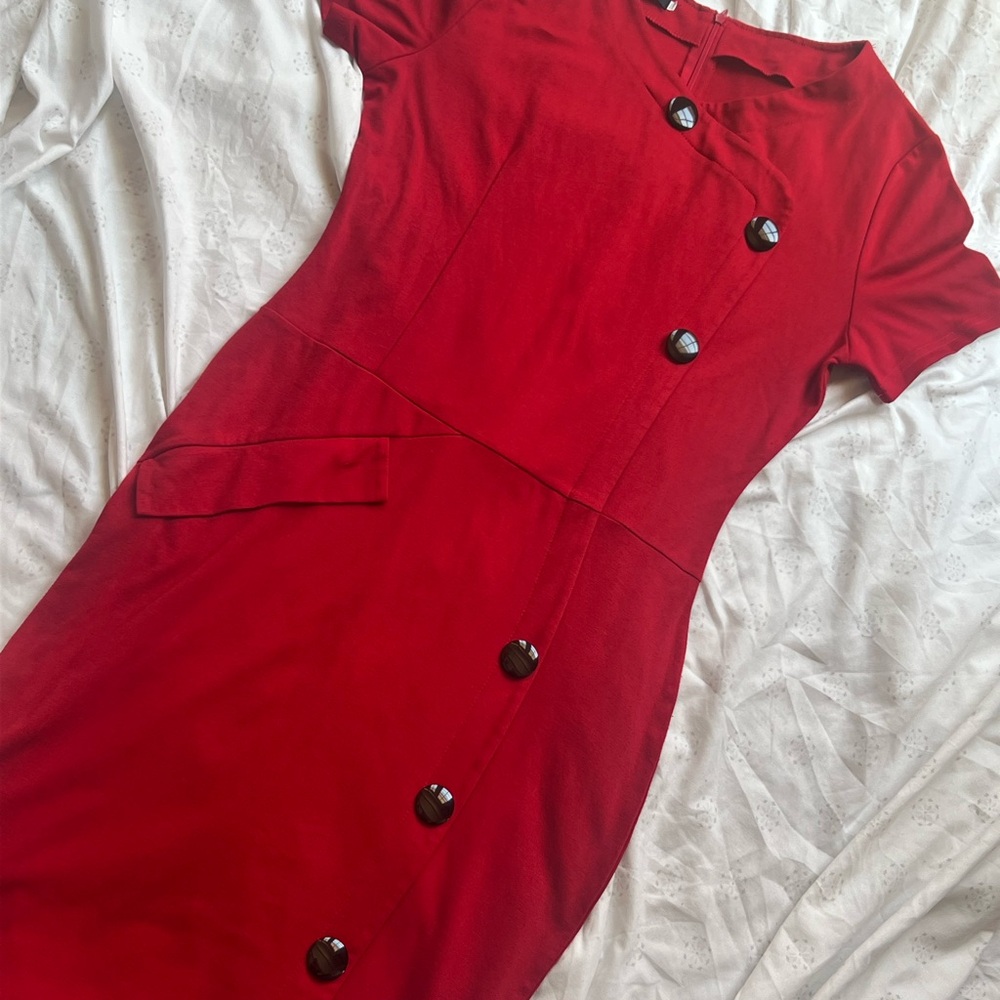 Red Sheath Midi Dress with Black Buttoned Detail